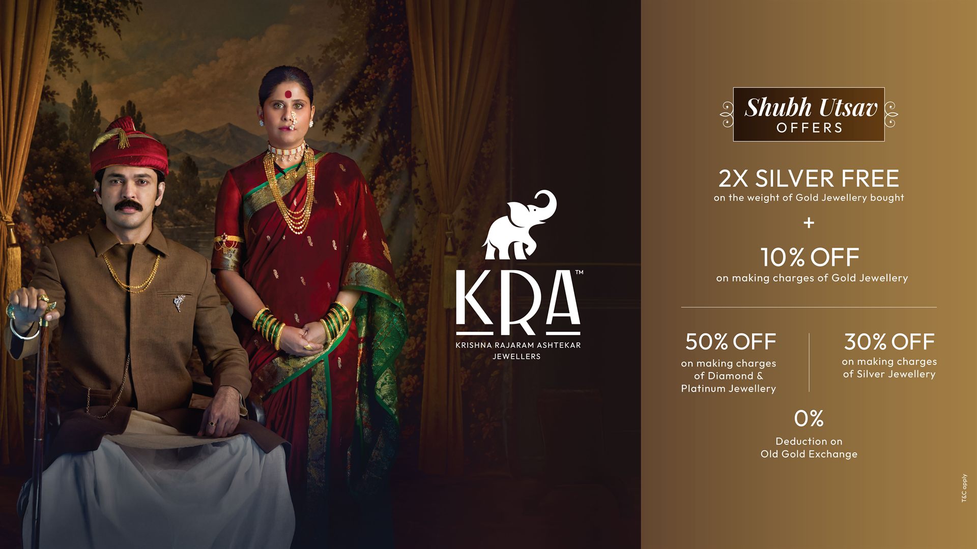 KRA Shubh Utsav Offers: 2X silver free on the weight of gold jewellery bought, 10% off on making charges of gold jewellery, 50% off on making charges of diamond and platinum jewellery, 30% off on making charges of silver jewellery, 0% deduction on old gold exchange. T&C apply.